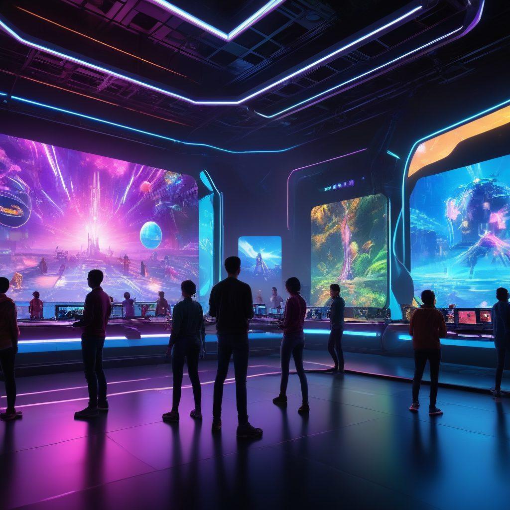 A futuristic gaming arena with diverse avatars interacting socially, surrounded by holographic screens displaying vibrant virtual landscapes and digital avatars. Show dynamic energy with colorful lights and characters engaging in collaborative gameplay. Include elements like virtual reality headsets and multiplayer interactions to emphasize the social aspect. Create an atmosphere of excitement and innovation. super-realistic. vibrant colors. 3D.