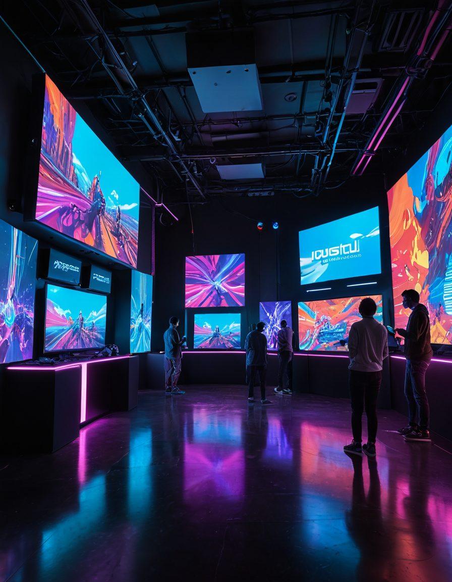 A vibrant, futuristic landscape showcasing a variety of digital amusement experiences, such as virtual reality gaming zones, immersive art installations, and interactive entertainment areas filled with diverse groups of people enjoying themselves. Bright, neon colors and glowing screens create a lively atmosphere, inviting viewers to explore this new world of leisure. The scene captures an exhilarating blend of technology and joy. super-realistic. vibrant colors. 3D.