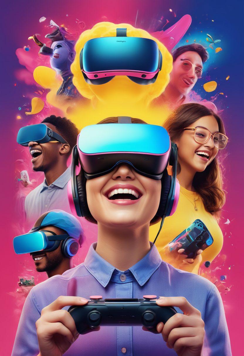 A vibrant collage depicting various digital fun experiences, such as a virtual reality headset, a gaming console, people engaged in online classes, and social media interactions, all radiating joy and excitement. Bright colors and dynamic elements should reflect the thrill of digital adventures. Include playful icons and emojis to enhance the atmosphere of fun. super-realistic. vibrant colors. lively background.